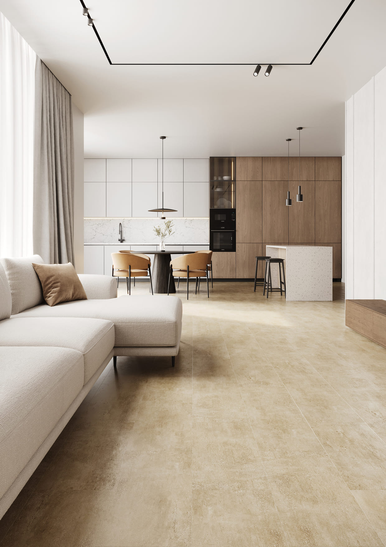 Кварцвиниловая плитка Fargo клеевая Stone LVT Травертин Песочный 48102-08 606×303×2,5 фото в интерьере