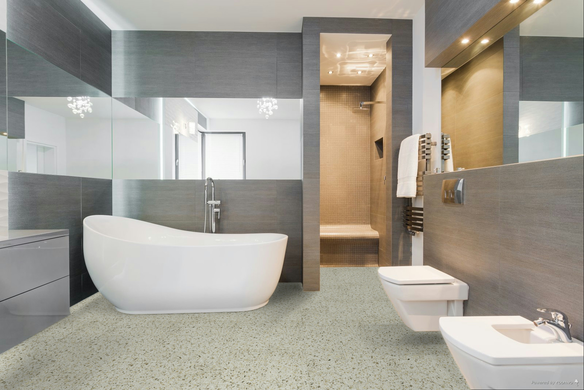 Кварцвиниловая плитка Fargo клеевая Stone LVT Терраццо Бежевый 101-3 606×303×2,5 фото в интерьере