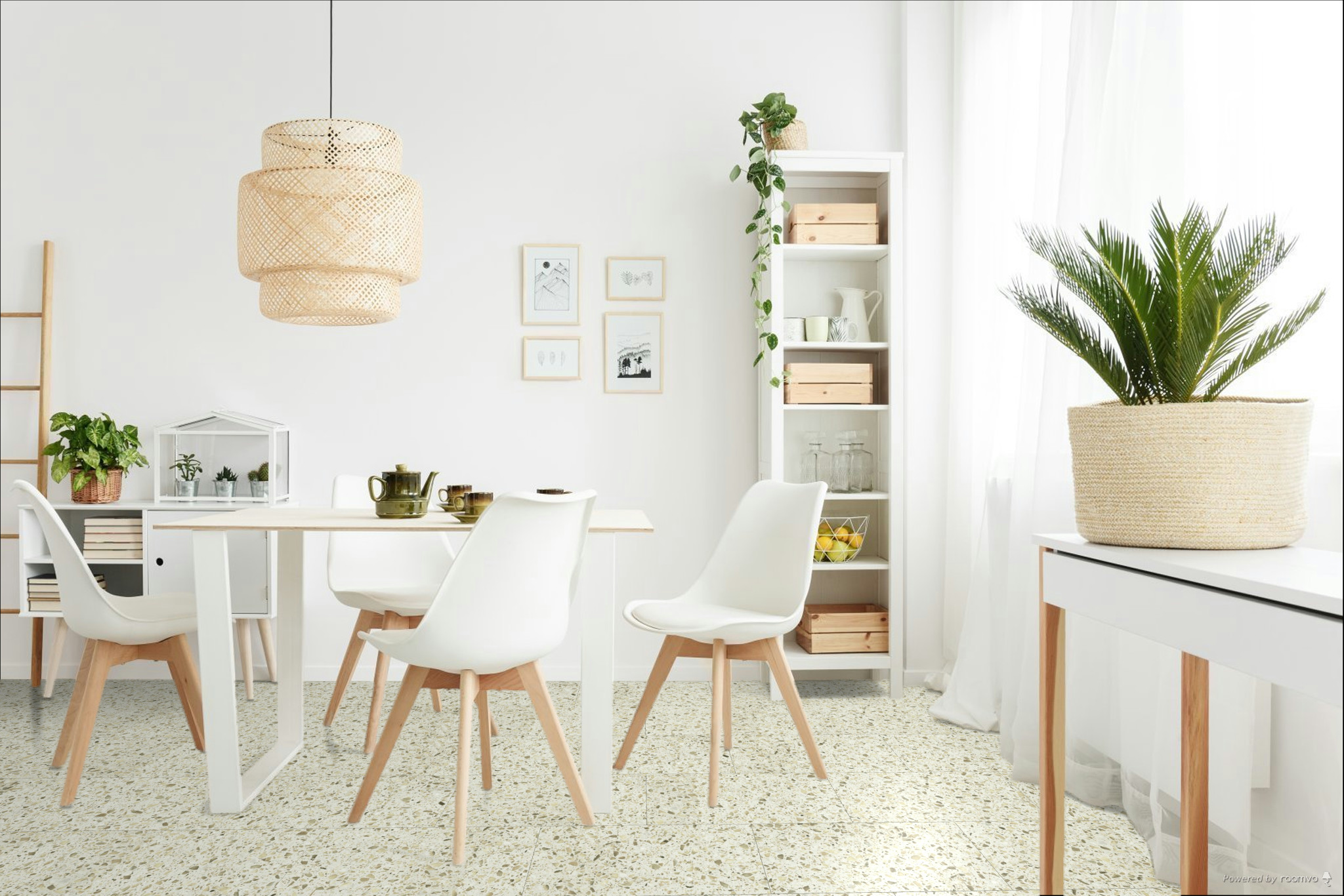 Кварцвиниловая плитка Fargo клеевая Stone LVT Терраццо Бежевый 101-3 606×303×2,5 фото в интерьере