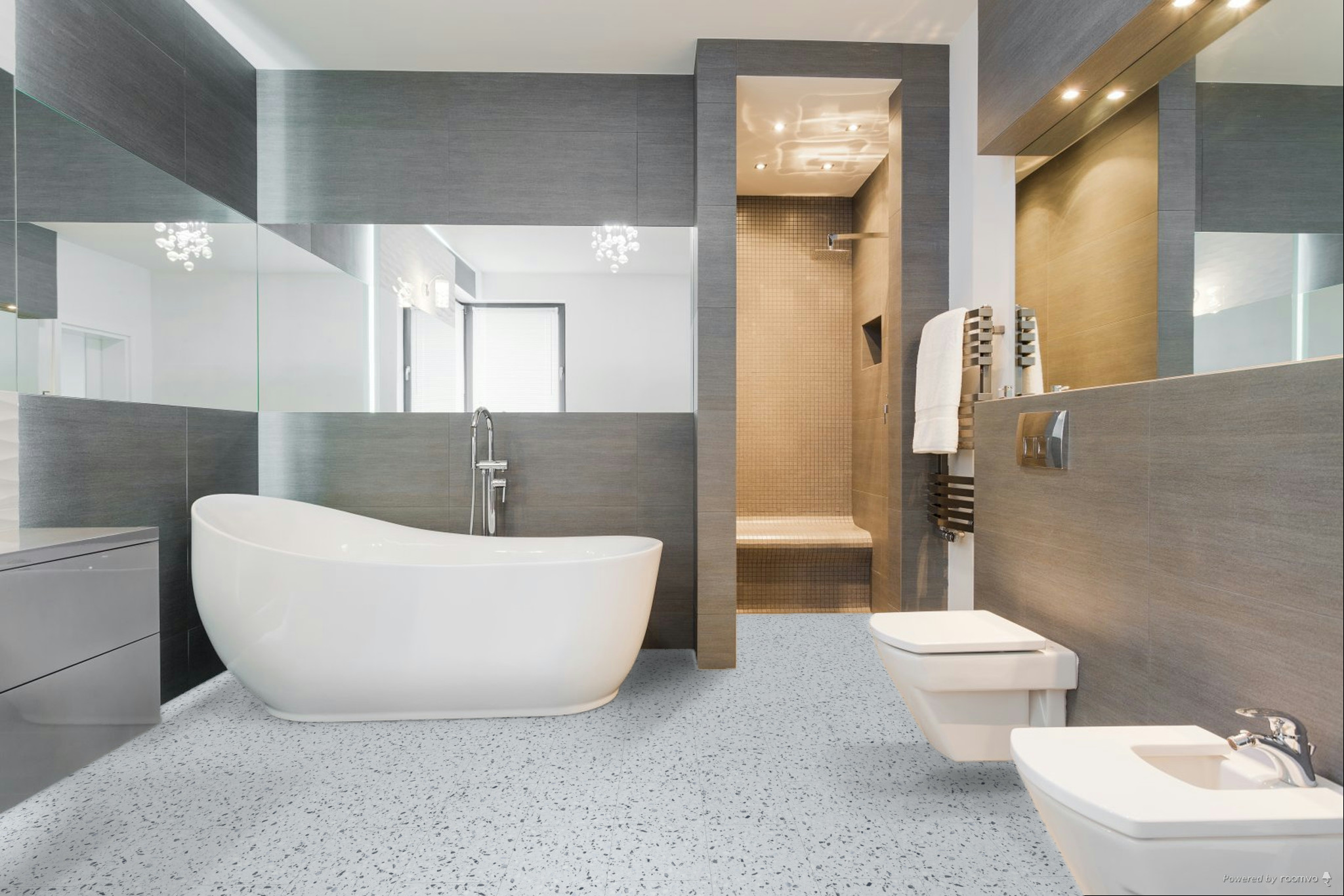 Кварцвиниловая плитка Fargo клеевая Stone LVT Терраццо Гранж 101-2 606×303×2,5 фото в интерьере