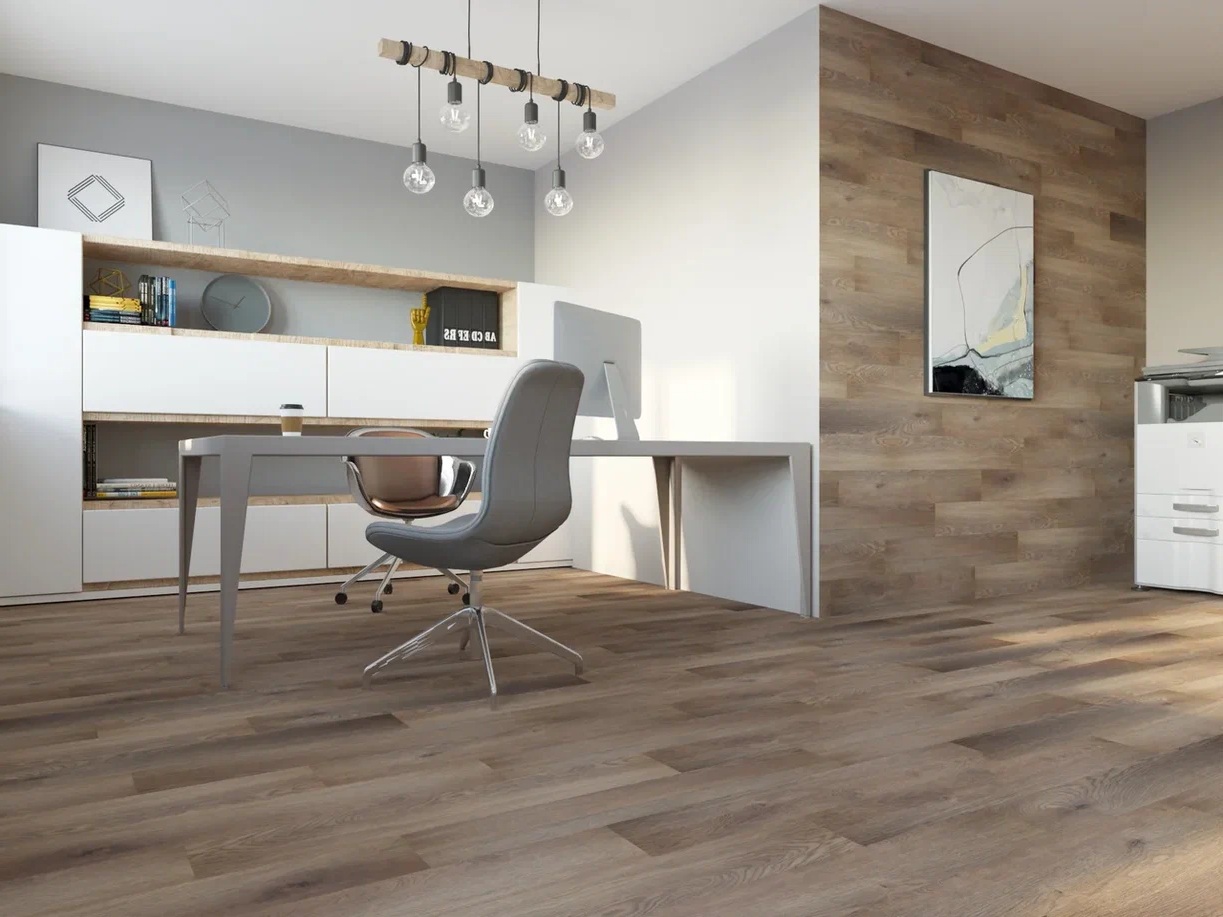 Кварцвиниловый SPC ламинат Art East Art Stone Optima Pro Дуб Террас 40-9-APTN 914×152×4 фото в интерьере