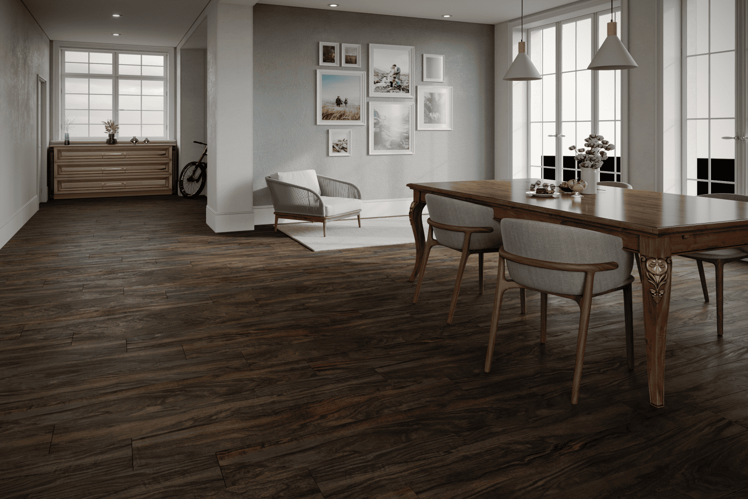 Кварцвиниловый SPC ламинат Art East Art Stone Optima Pro Орех Табако 40-142-APTN 914×152×4 фото в интерьере