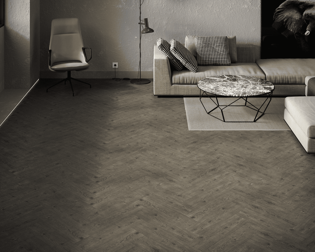 Кварцвиниловый SPC ламинат Art East Art Stone Armor Ясень Бойсмана 92-ARM-MPL-HV венегерская елка 580×145×9 фото в интерьере