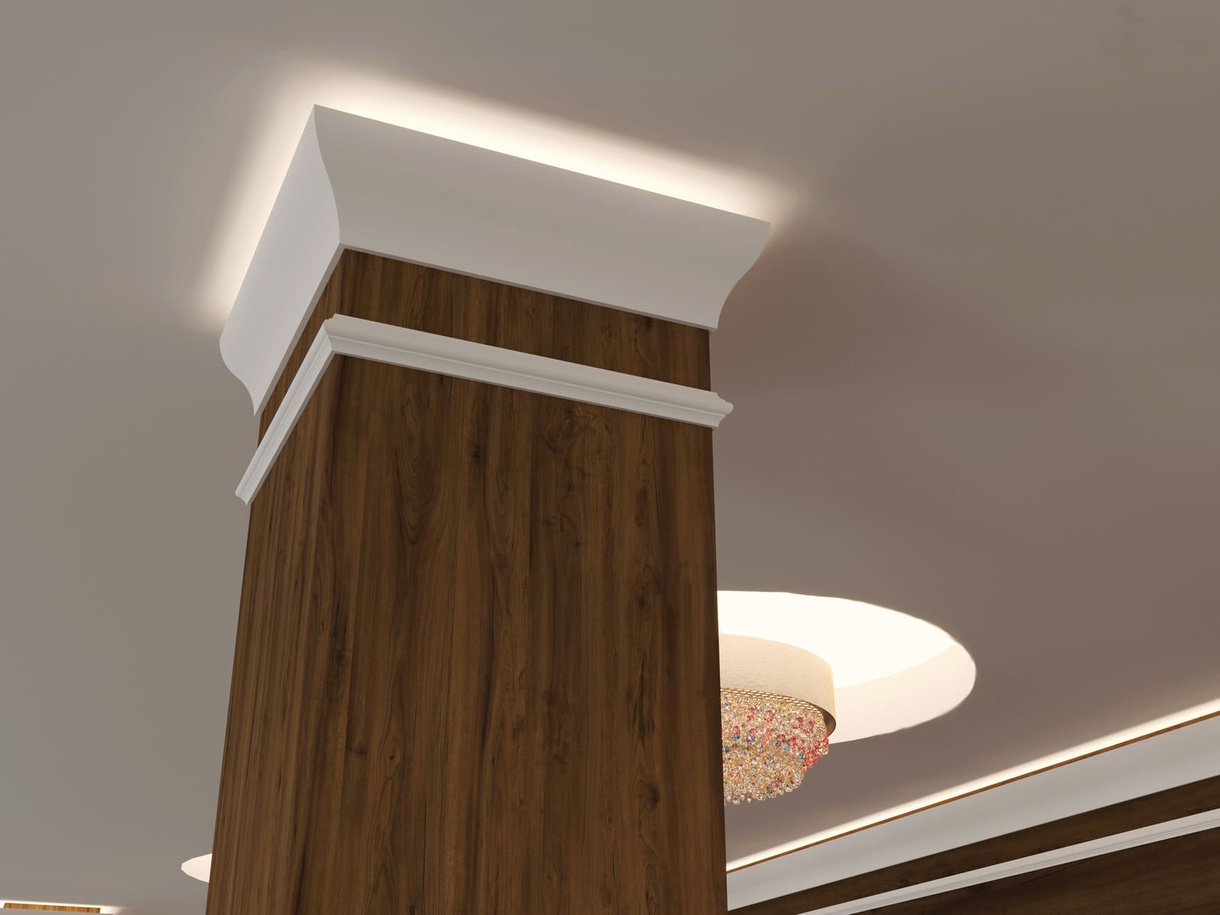 Потолочный плинтус под покраску Cosca Decor KX002 с подсветкой 2000×53×120 фото в интерьере