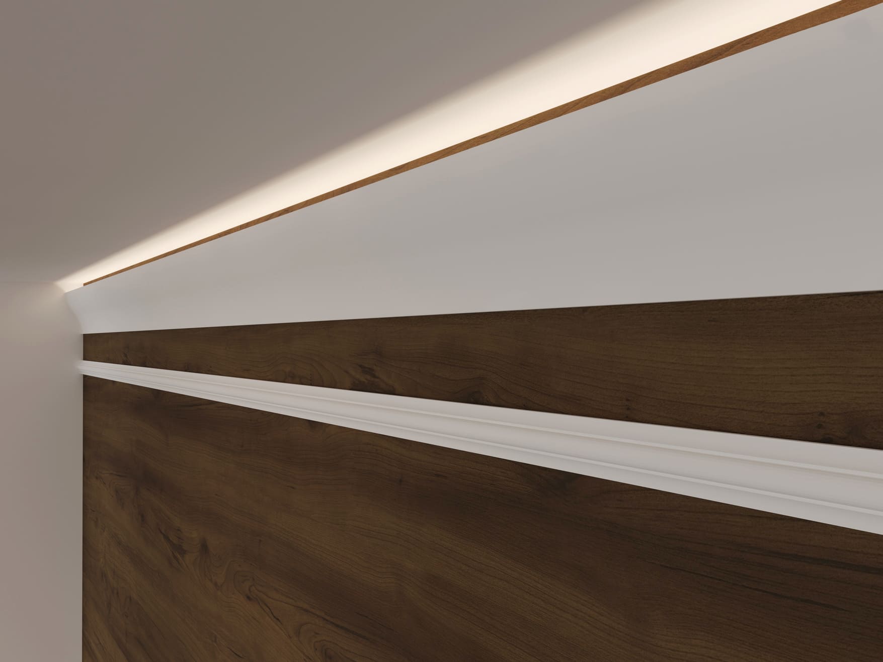 Потолочный плинтус под покраску Cosca Decor KX002 с подсветкой 2000×53×120 фото в интерьере