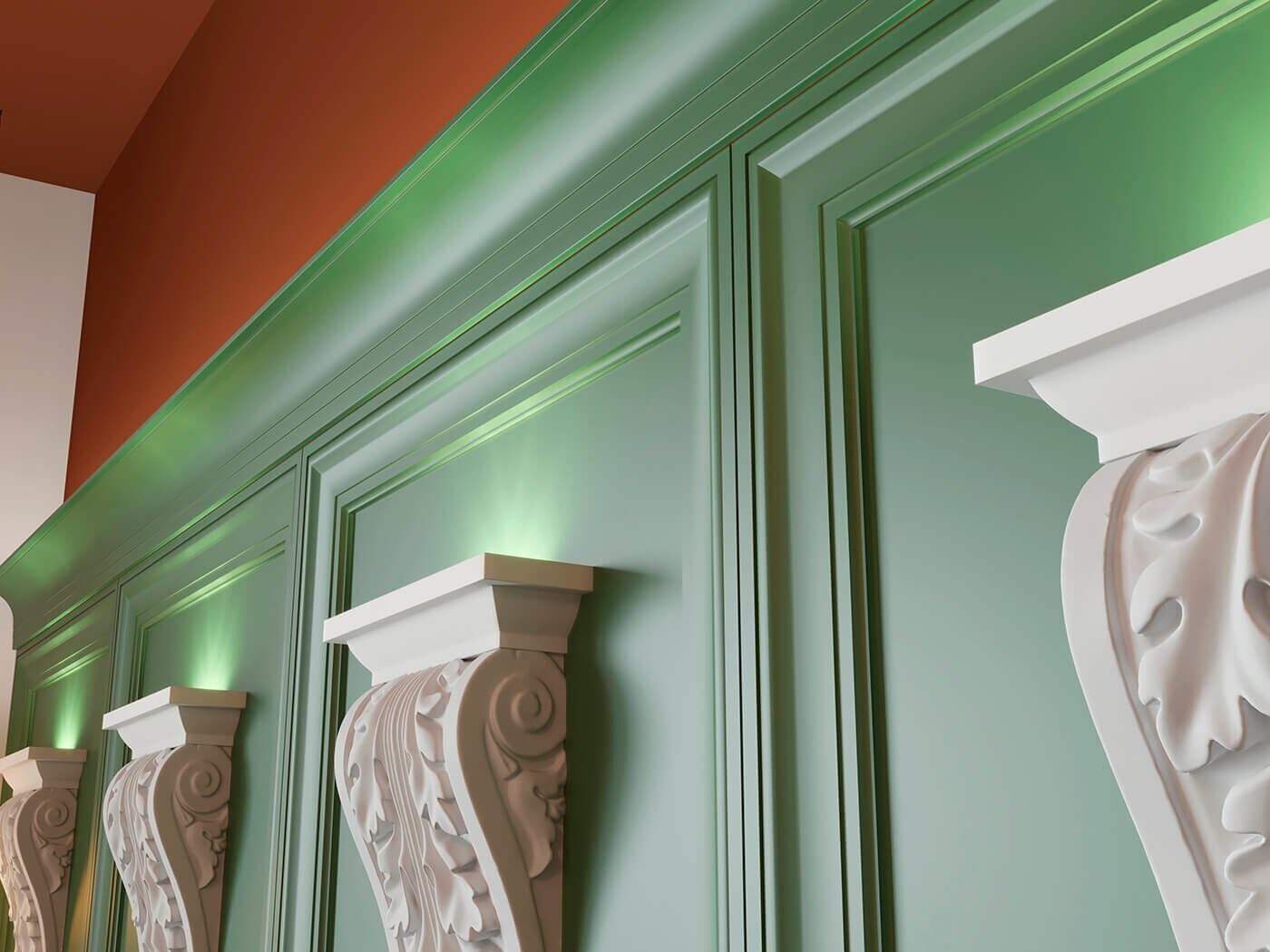 Потолочный плинтус под покраску Cosca Decor KX045 с подсветкой 2000×55×85 фото в интерьере