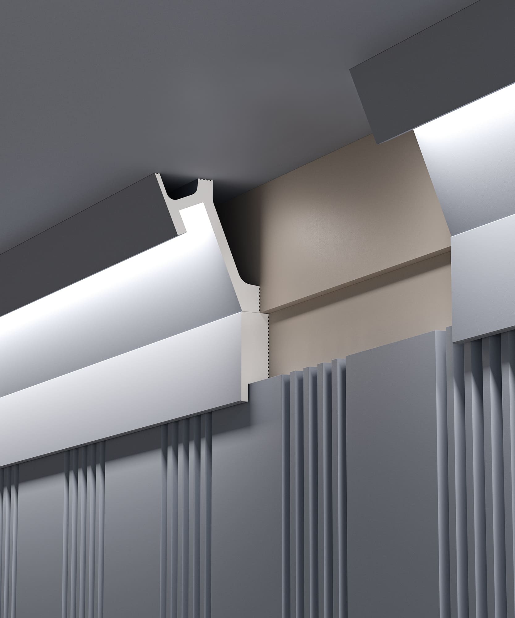 Потолочный плинтус под покраску Cosca Decor KX052 с подсветкой 2000×65×72 фото в интерьере