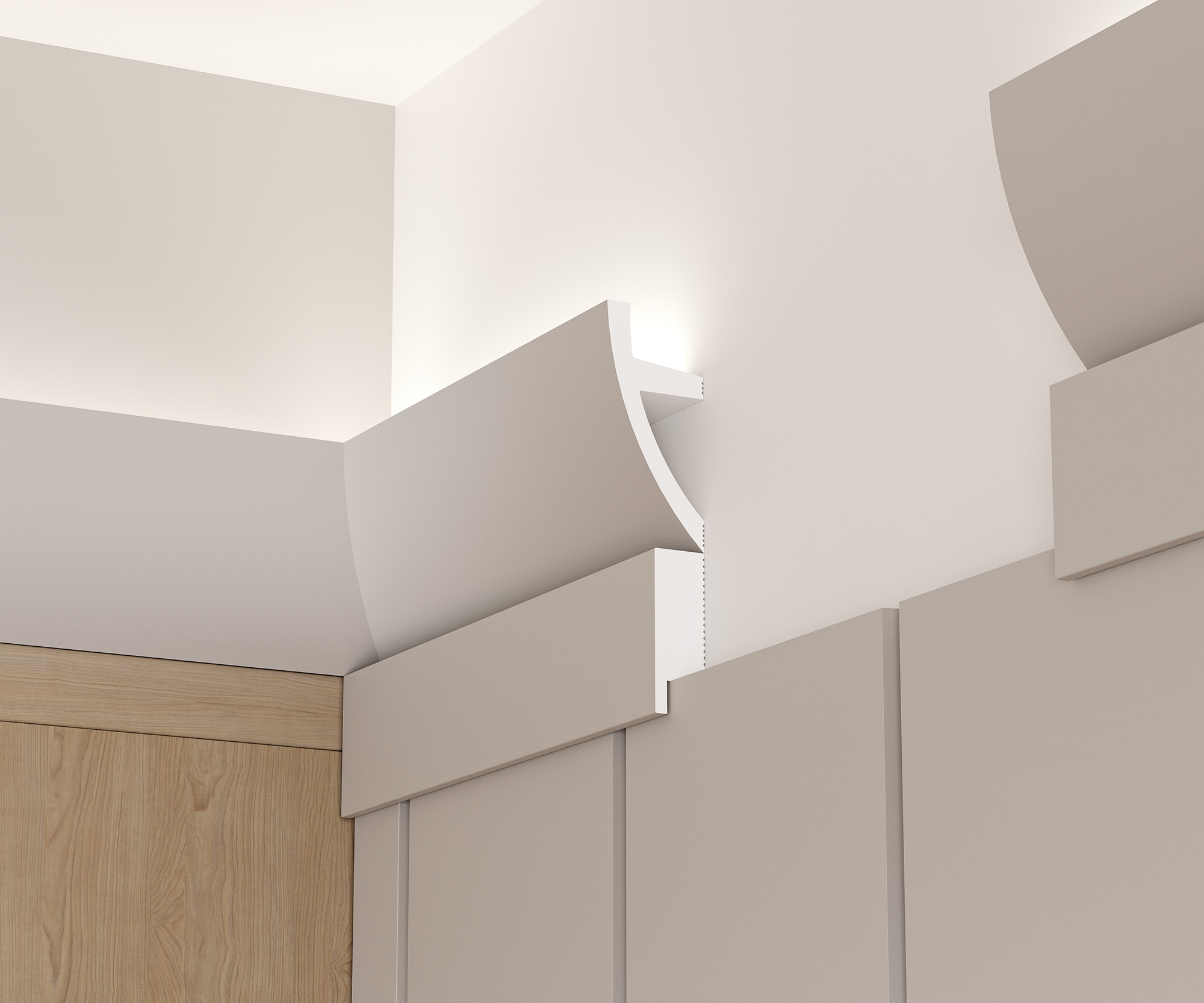 Потолочный плинтус под покраску Cosca Decor KX072 с подсветкой 2000×33×75 фото в интерьере