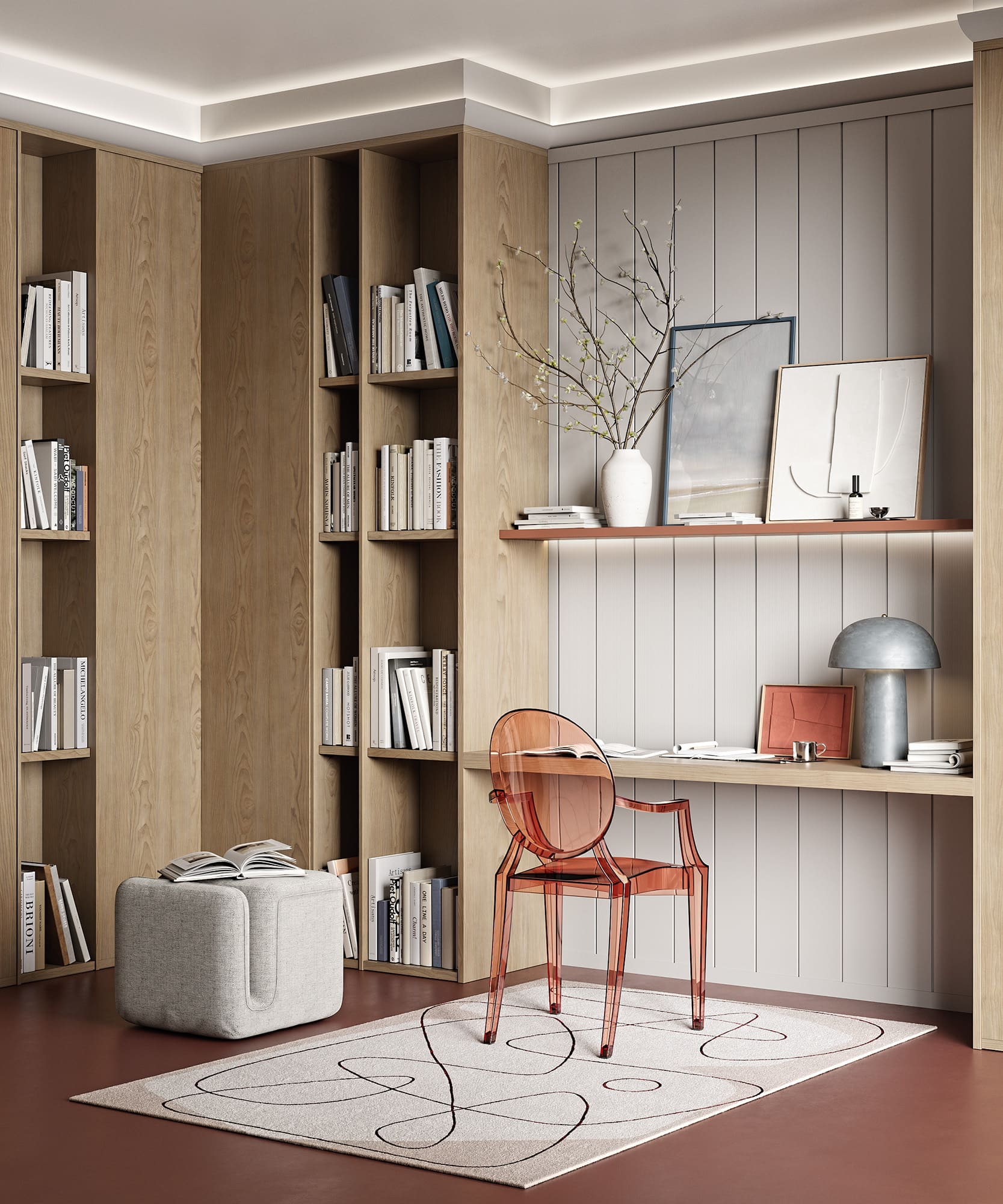 Потолочный плинтус под покраску Cosca Decor KX072 с подсветкой 2000×33×75 фото в интерьере