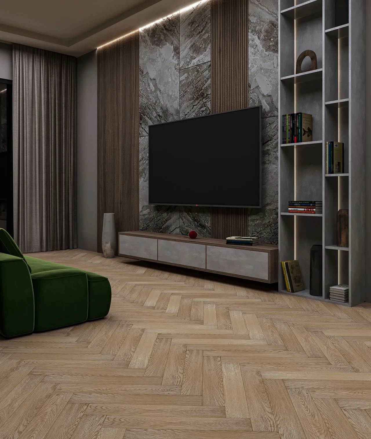 Ламинат My Step Herringbone Rouen Oak MS4312 венгерская елка 600×100×12 фото в интерьере