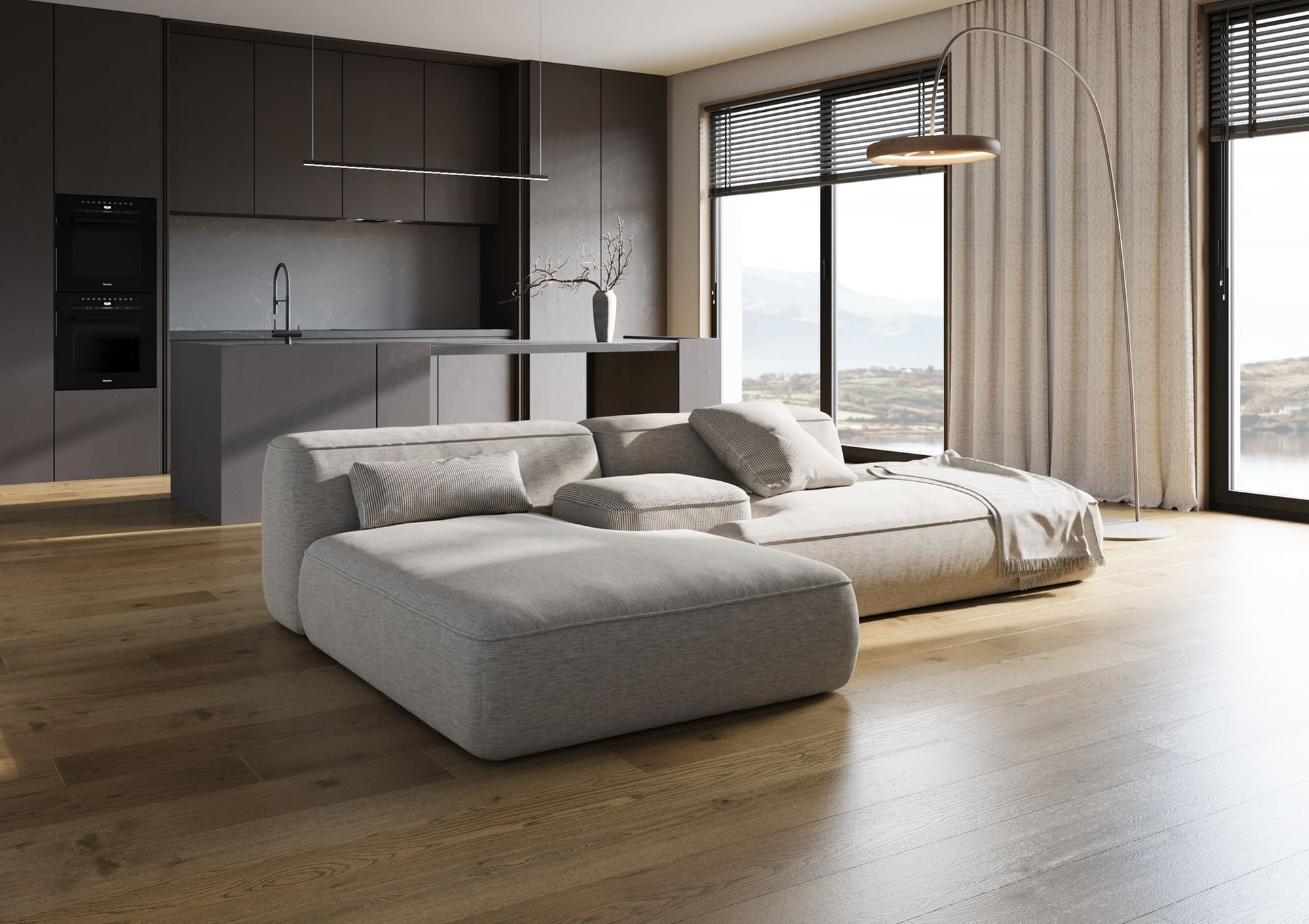 Композитная паркетная доска Quartz Parquet Престиж Дуб Муссон 1258-02 ABCD 700-1900×190×7 фото в интерьере