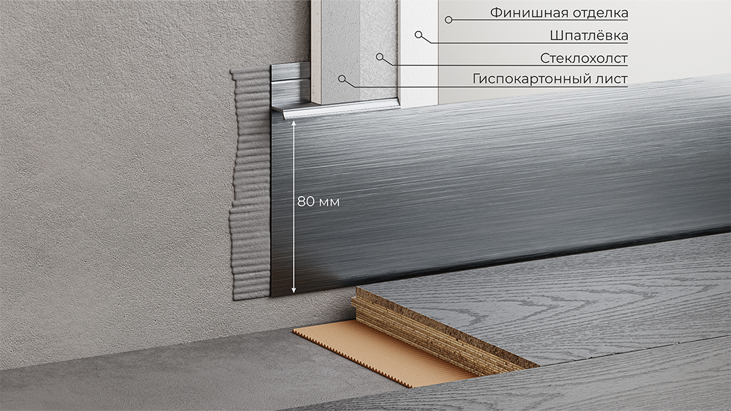 Плинтус алюминиевый скрытый с подсветкой Modern Decor Серебристый без покрытия 72-32-48 2500×104,6×13,8