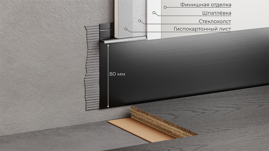 Плинтус алюминиевый скрытый с подсветкой Modern Decor RAL 9005 Черный 99-85-74 2500×104,6×13,8