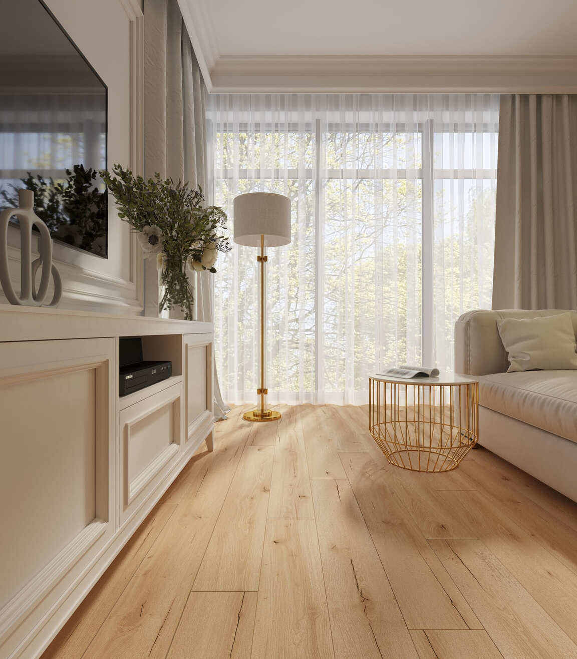 Кварцвиниловый SPC ламинат AlixFloor Natural Line Дуб Кремовый Рустикальный ALX1036-19А 1220×183×5 фото в интерьере