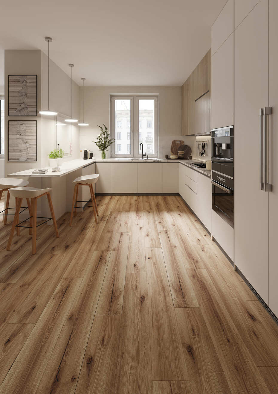 Кварцвиниловый SPC ламинат AlixFloor Natural Line Дуб Коричневый Рустикальный ALX1036-3 1220×183×5 фото в интерьере