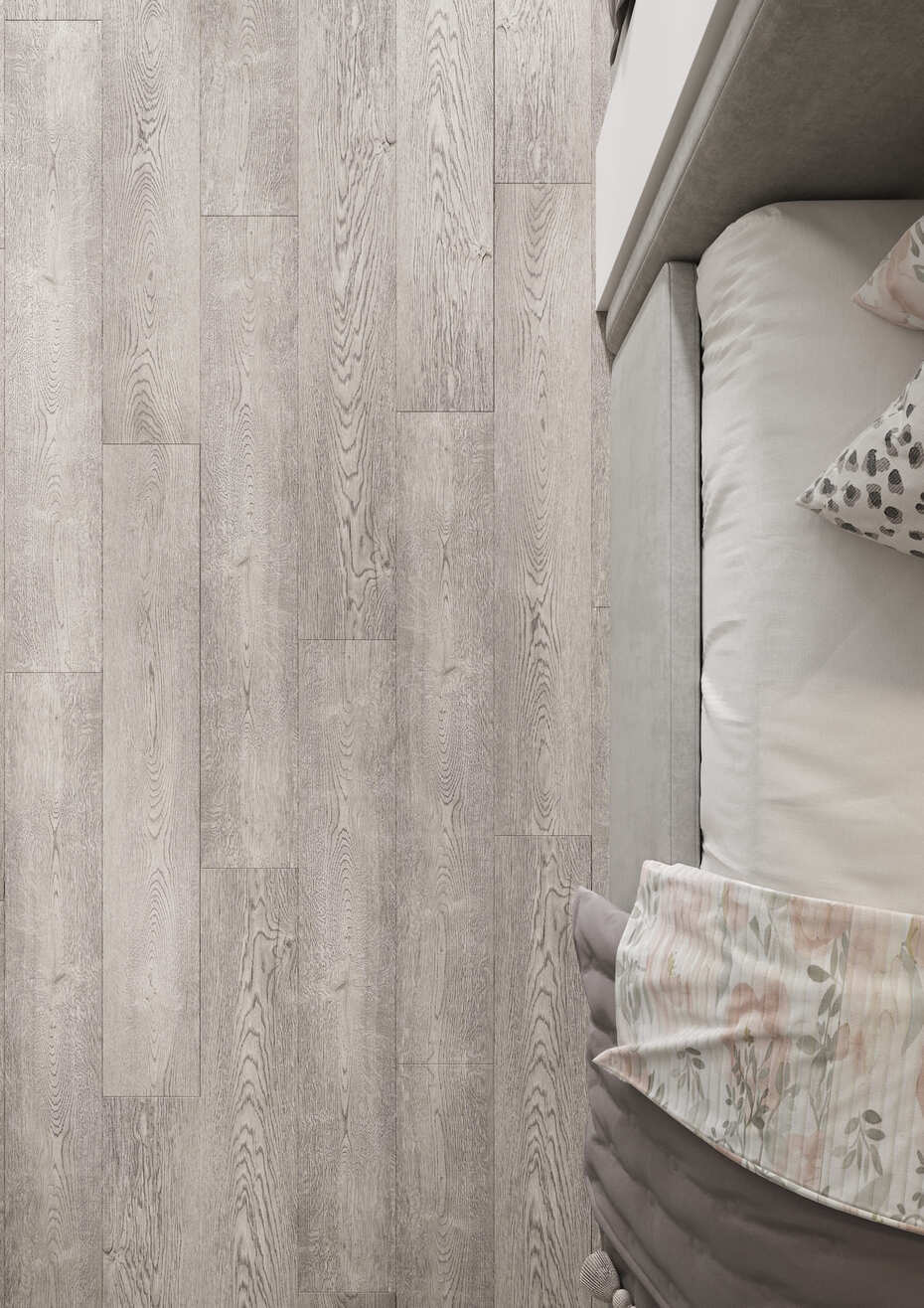 Кварцвиниловый SPC ламинат AlixFloor City Line Дуб Йоркширский Серый ALX1570-3 1220×183×5 фото в интерьере