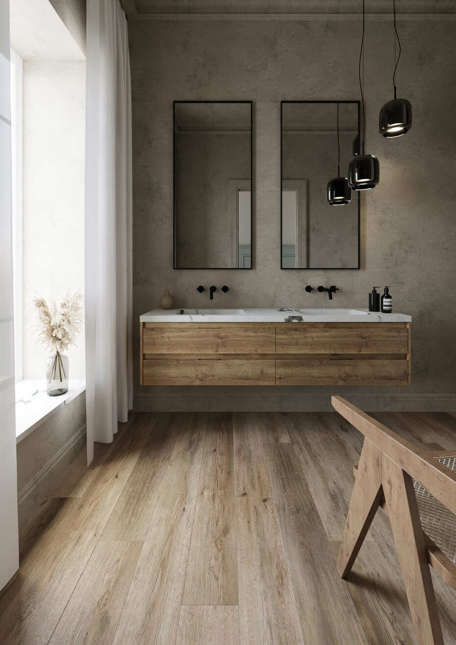 Кварцвиниловый SPC ламинат AlixFloor City Line Дуб Вельвет Коричневый ALX1034-1 1220×183×5 фото в интерьере