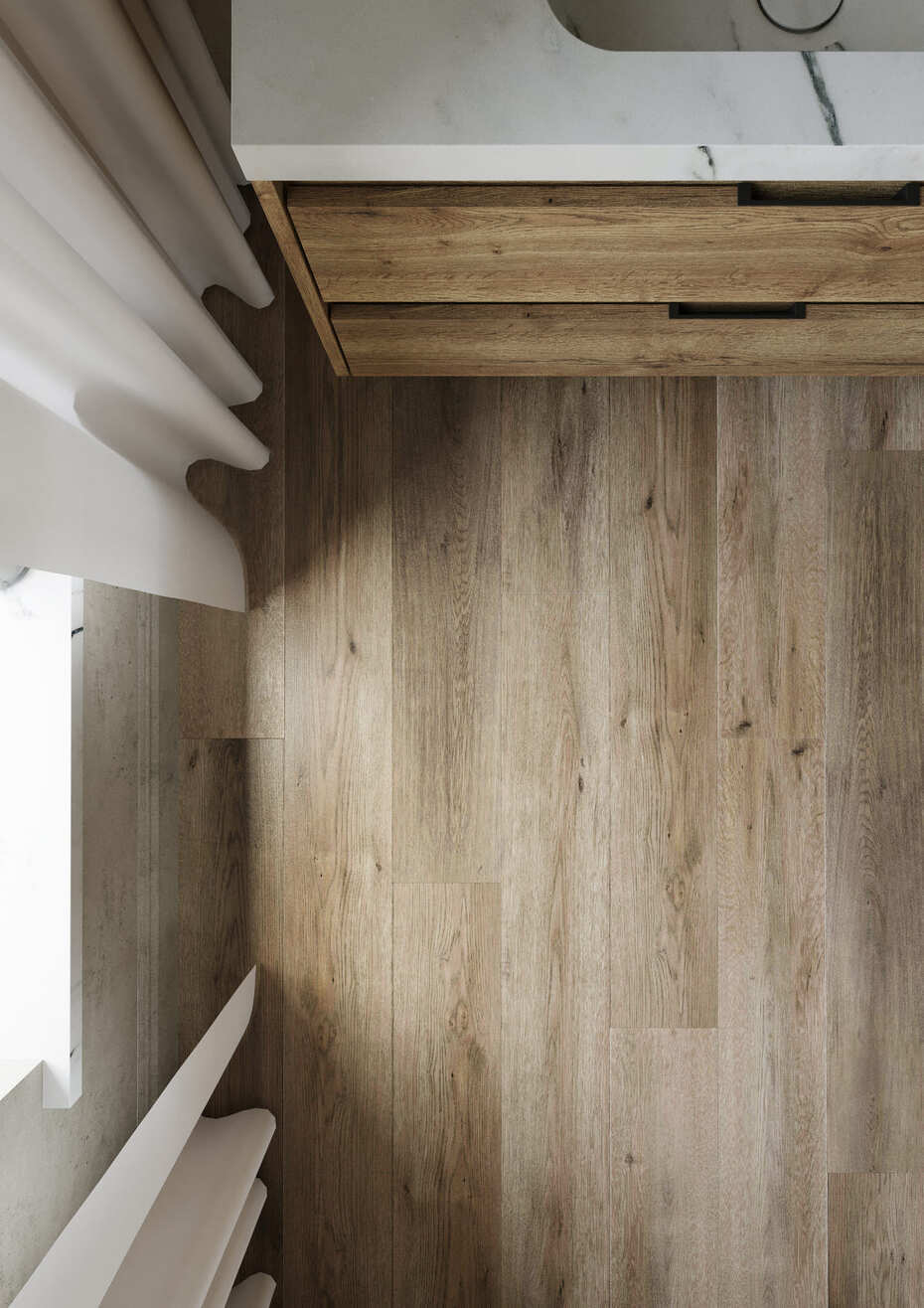 Кварцвиниловый SPC ламинат AlixFloor City Line Дуб Вельвет Коричневый ALX1034-1 1220×183×5 фото в интерьере