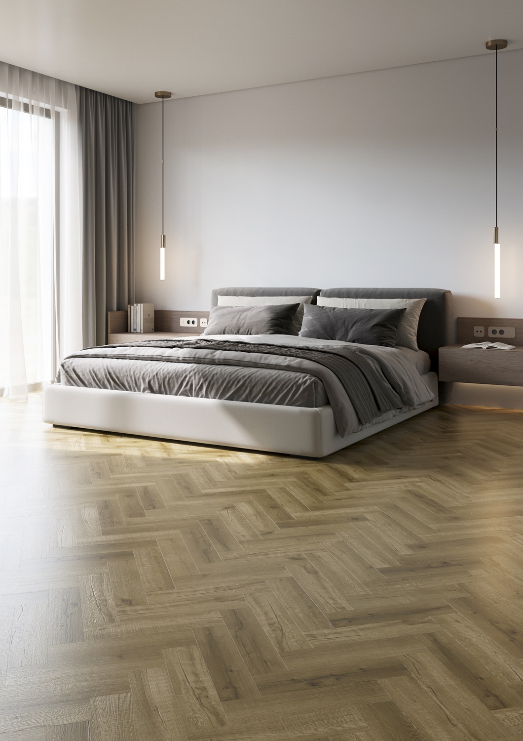 Кварцвиниловый SPC ламинат Home Expert Parquet Design Дуб Янтарный пляж 44-0-002 венгерская елка 400×100×4,5 фото в интерьере