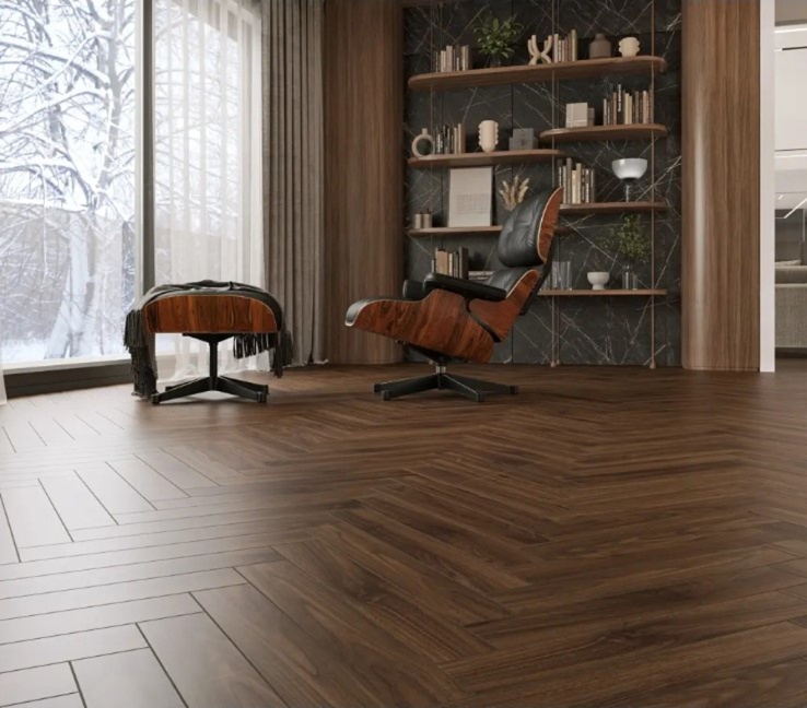 Ламинат Alpine Floor Herringbone 12 Орех Трентино LF105-12 венгерская елка 600×100×12 фото в интерьере