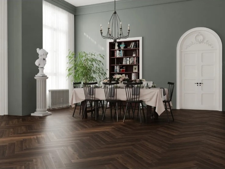 Ламинат Alpine Floor Herringbone 10 Дуб Абруццо LF107-14 венгерская елка 600×100×10 фото в интерьере