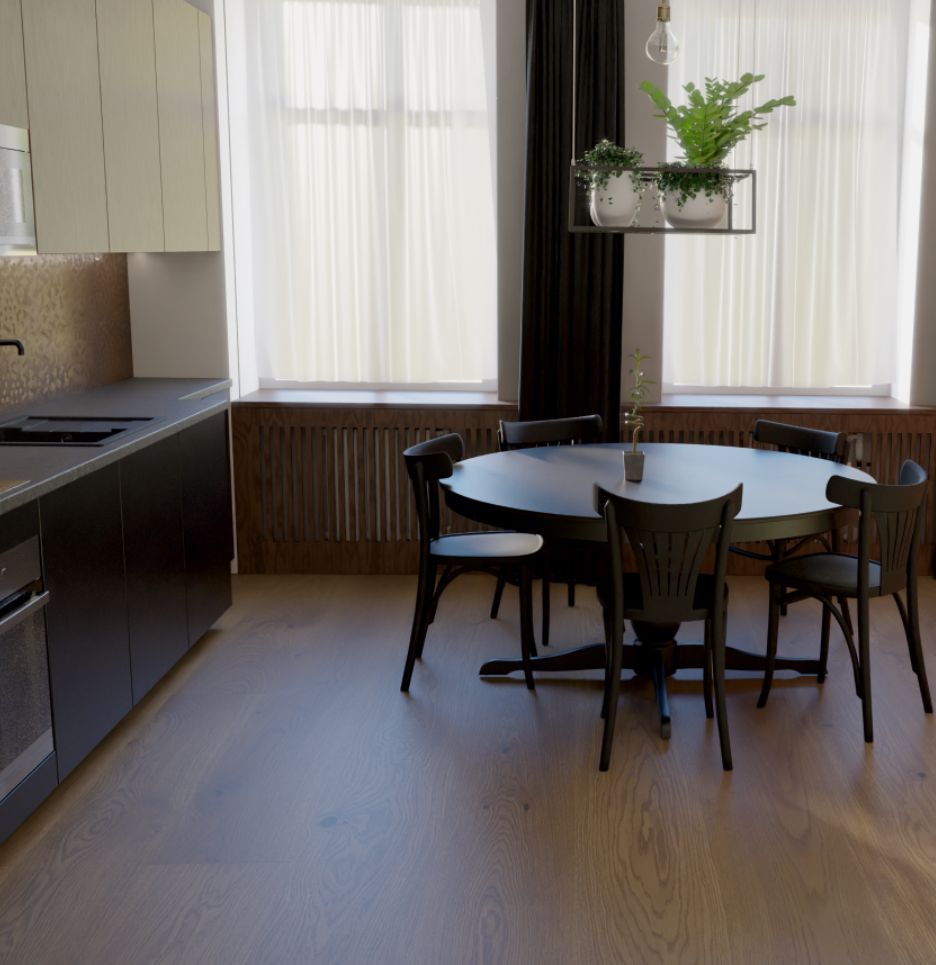 Паркетная доска Дрим Дуб Капри 101112196KU01111 кантри 1800×188×14 фото в интерьере