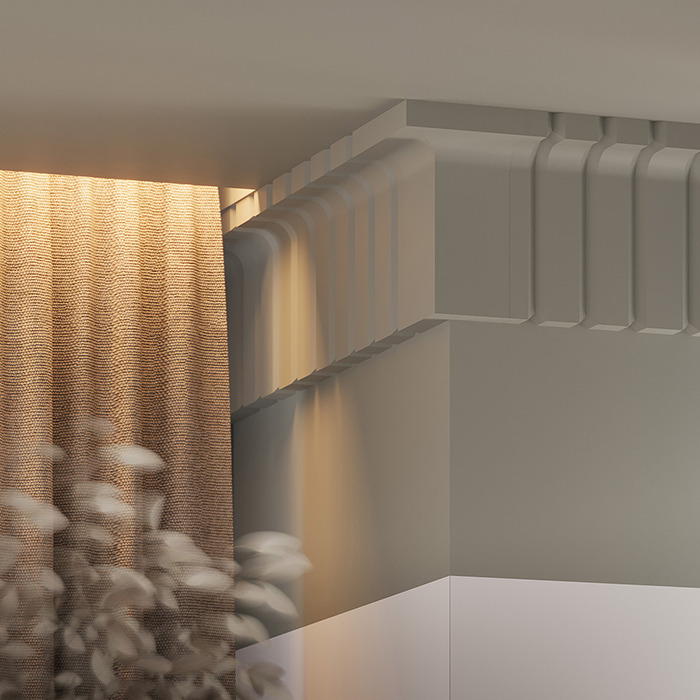 Потолочный плинтус под покраску Европласт 1.50.805 2000×75×200 фото в интерьере