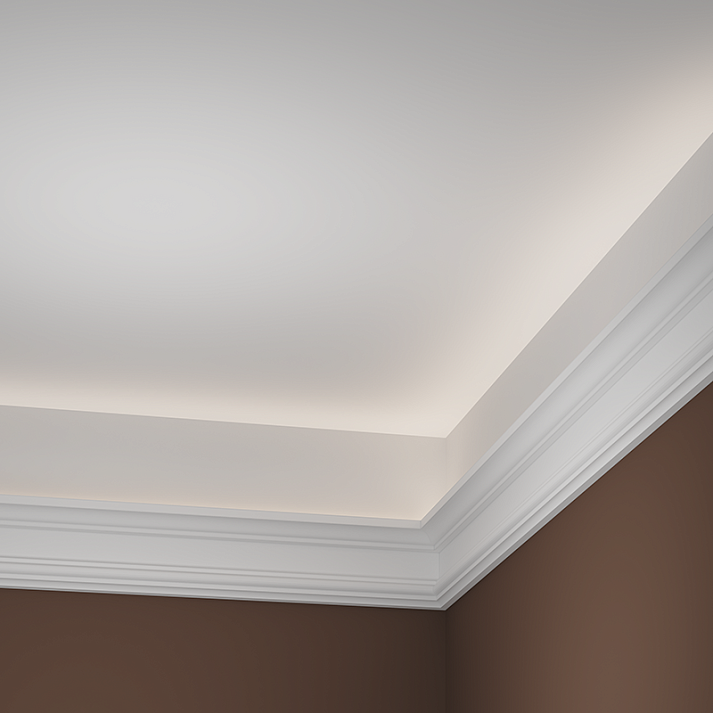 Потолочный плинтус под покраску Европласт 1.50.177 с подсветкой 2000×56×119 фото в интерьере