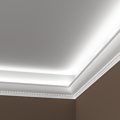 Потолочный плинтус под покраску Европласт 1.50.208 с подсветкой 2000×71×71 фото в интерьере