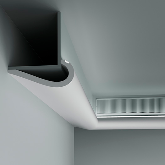 Потолочный плинтус под покраску гибкий Европласт 1.50.710 с подсветкой 2000×247×100 фото в интерьере