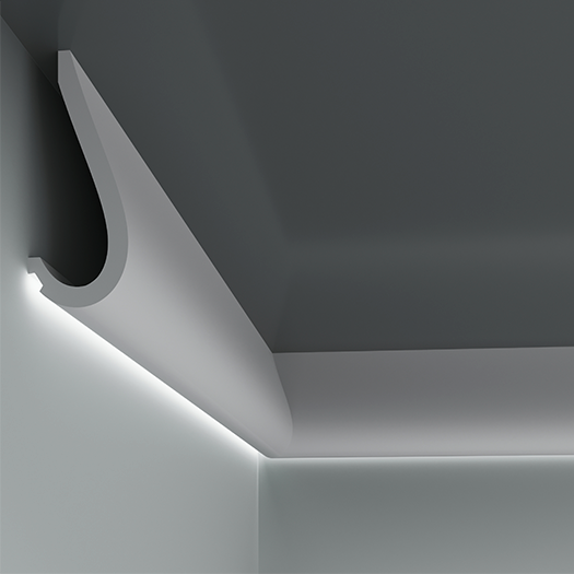 Потолочный плинтус под покраску гибкий Европласт 1.50.710 с подсветкой 2000×247×100 фото в интерьере