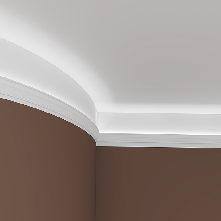 Потолочный плинтус под покраску гибкий Европласт 1.50.174 с подсветкой 2000×36×62 фото в интерьере
