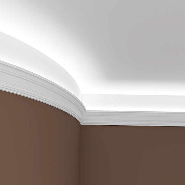 Потолочный плинтус под покраску гибкий Европласт 1.50.177 с подсветкой 2000×56×119 фото в интерьере