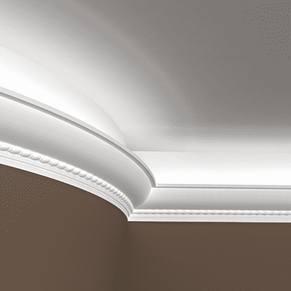 Потолочный плинтус под покраску гибкий Европласт 1.50.208 с подсветкой 2000×71×71 фото в интерьере