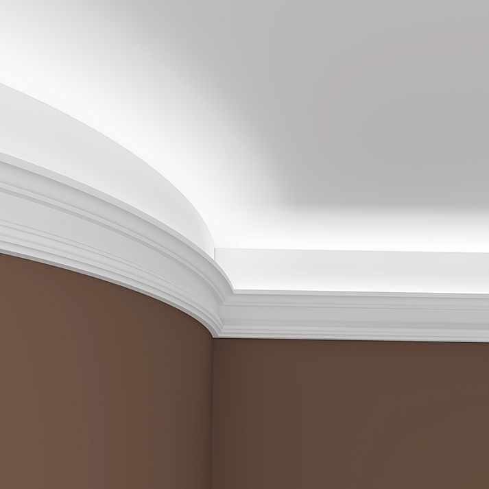 Потолочный плинтус под покраску гибкий Европласт 1.50.146 с подсветкой 2000×76×149 фото в интерьере