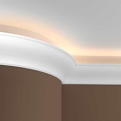 Потолочный плинтус под покраску гибкий Европласт 1.50.222 с подсветкой 2000×164×166 фото в интерьере
