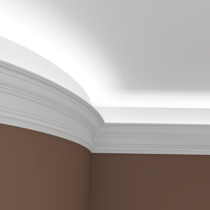 Потолочный плинтус под покраску гибкий Европласт 1.50.132 с подсветкой 2000×117×218 фото в интерьере