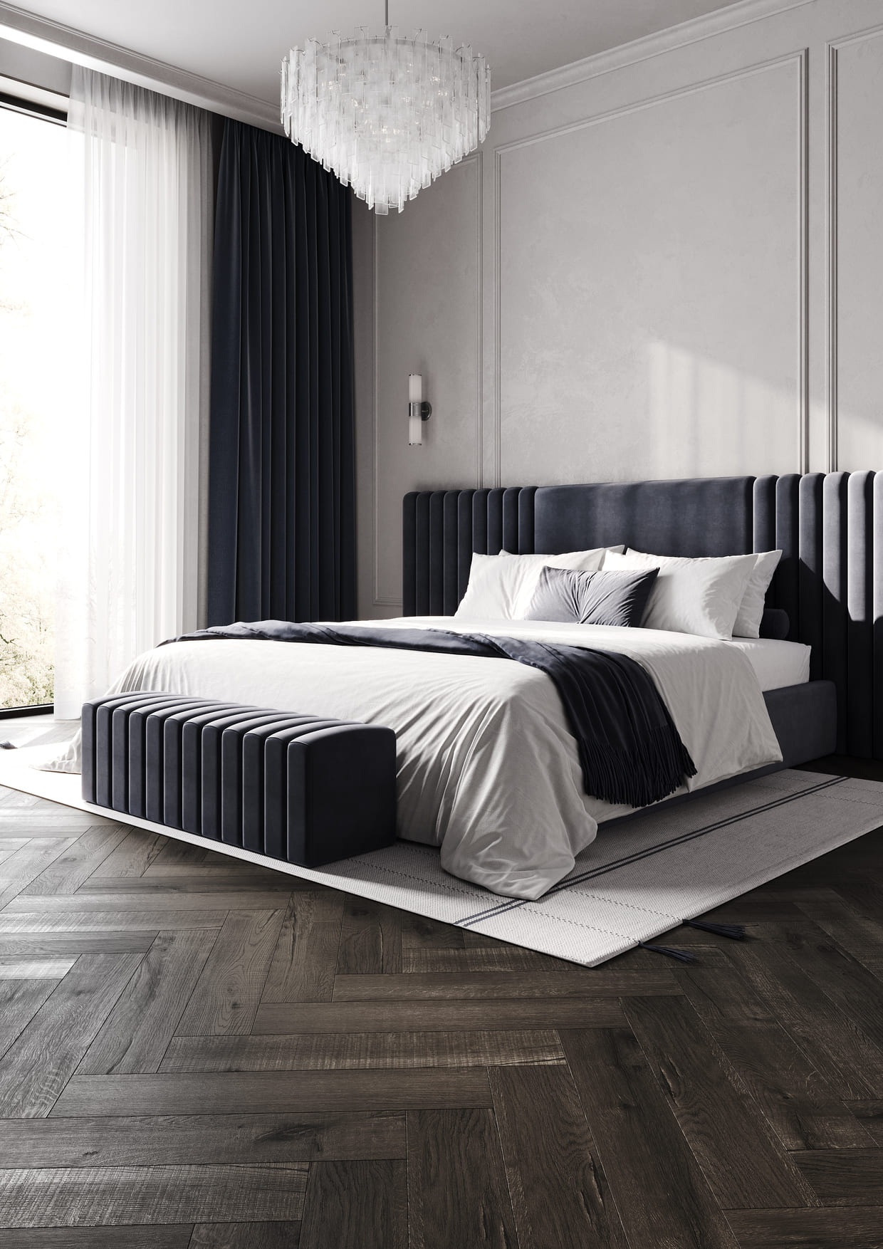 Кварцвиниловый SPC ламинат Fargo Bevel Parquet Дуб Ватикан 33-81996-3 венгерская елка 615×123×6 фото в интерьере