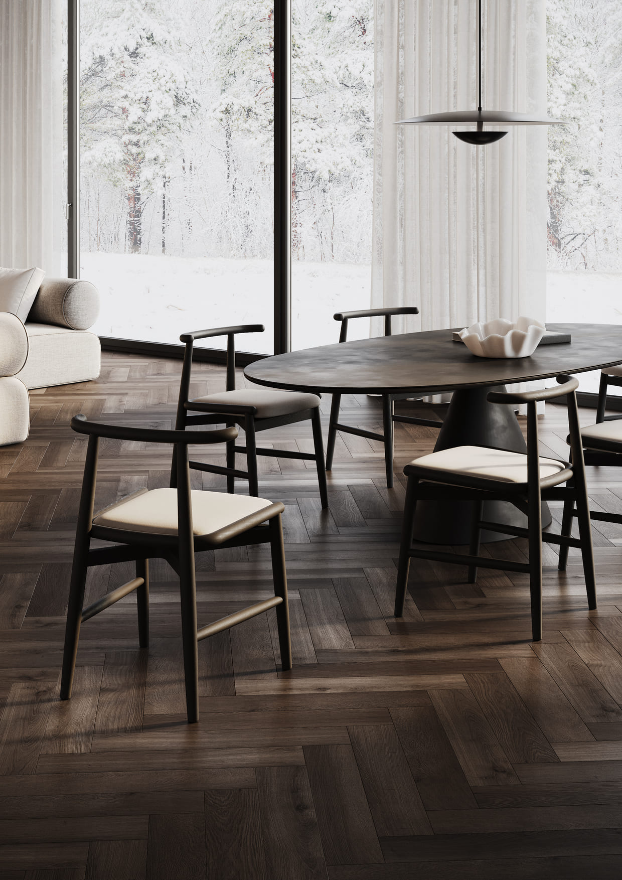 Кварцвиниловый SPC ламинат Fargo Bevel Parquet Дуб Стамбул 33-653-19 венгерская елка 615×123×6 фото в интерьере