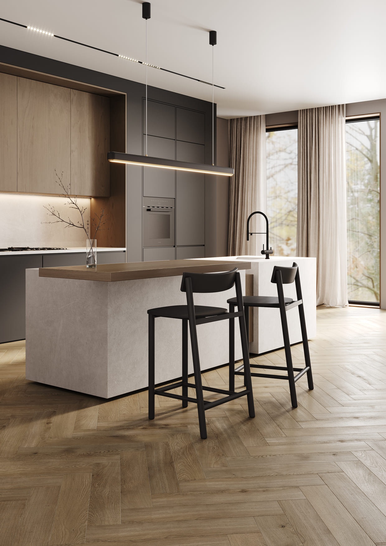 Кварцвиниловый SPC ламинат Fargo Bevel Parquet Дуб Майами 33-653-03 венгерская елка 615×123×6 фото в интерьере