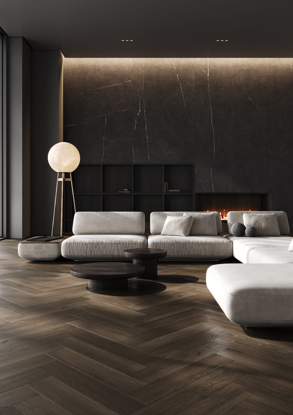 Кварцвиниловый SPC ламинат Fargo Bevel Parquet Дуб Бали 33-2123-57 венгерская елка 615×123×6 фото в интерьере