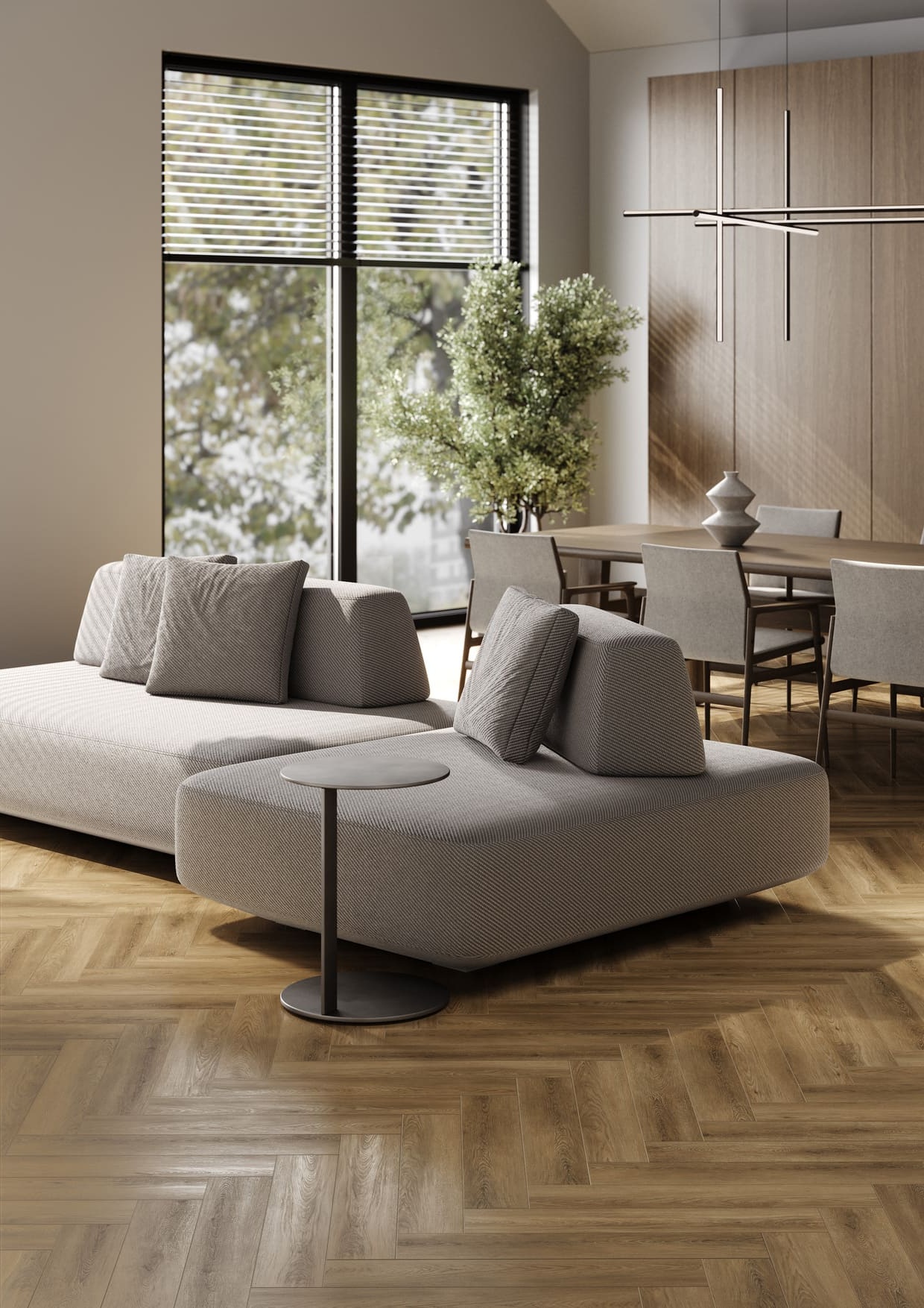 Кварцвиниловый SPC ламинат Fargo Bevel Parquet Дуб Севилья 33-2105 венгерская елка 615×123×6 фото в интерьере