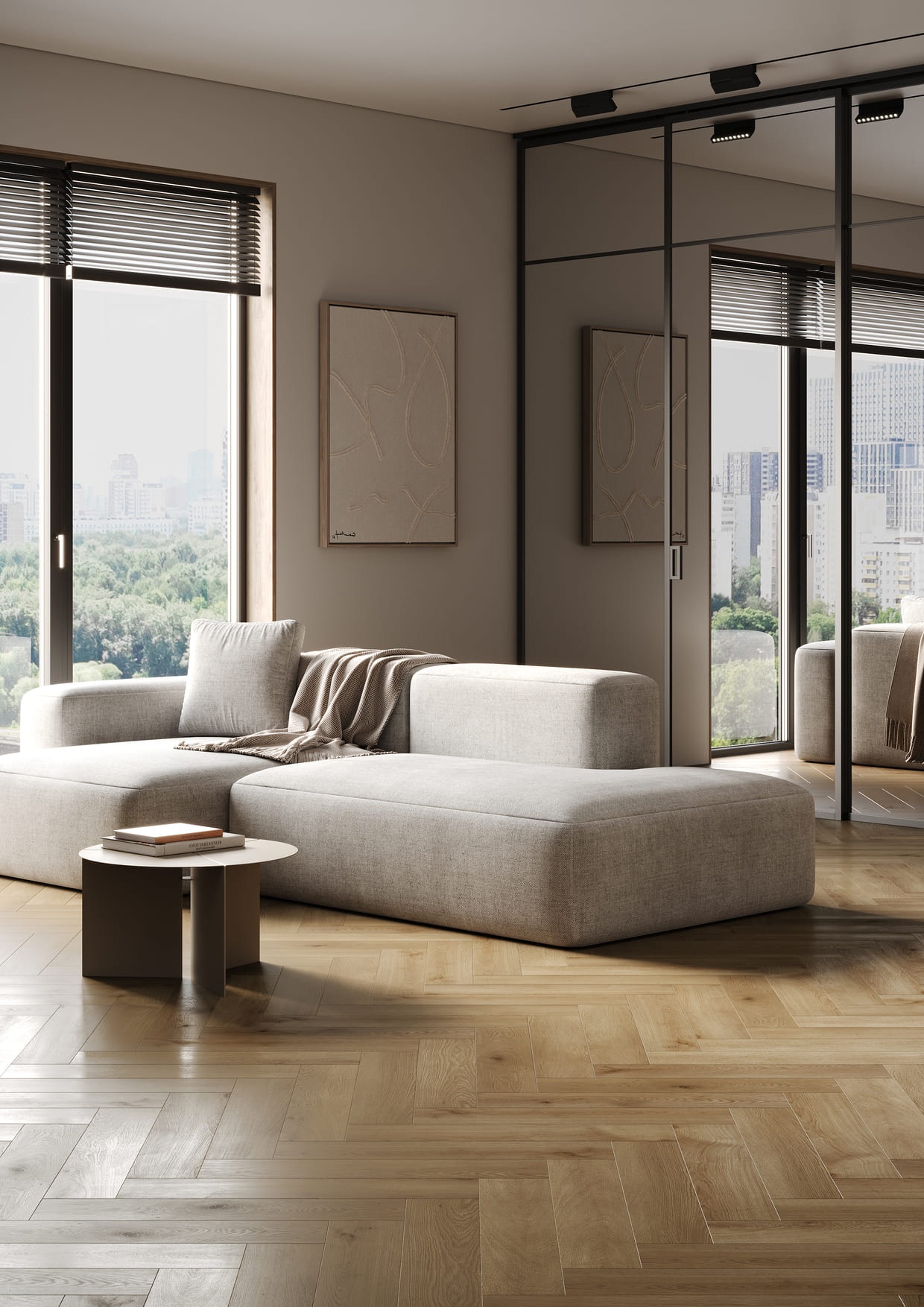 Кварцвиниловый SPC ламинат Fargo Bevel Parquet Дуб Окленд 33-653-76 венгерская елка 615×123×6 фото в интерьере