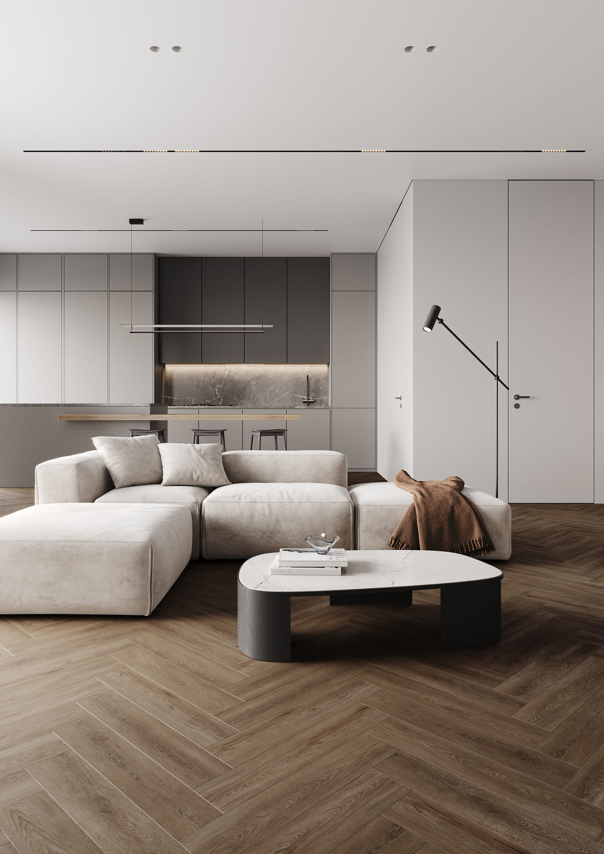 Кварцвиниловый SPC ламинат Fargo Bevel Parquet Дуб Квебек 33-6191-8 венгерская елка 615×123×6 фото в интерьере