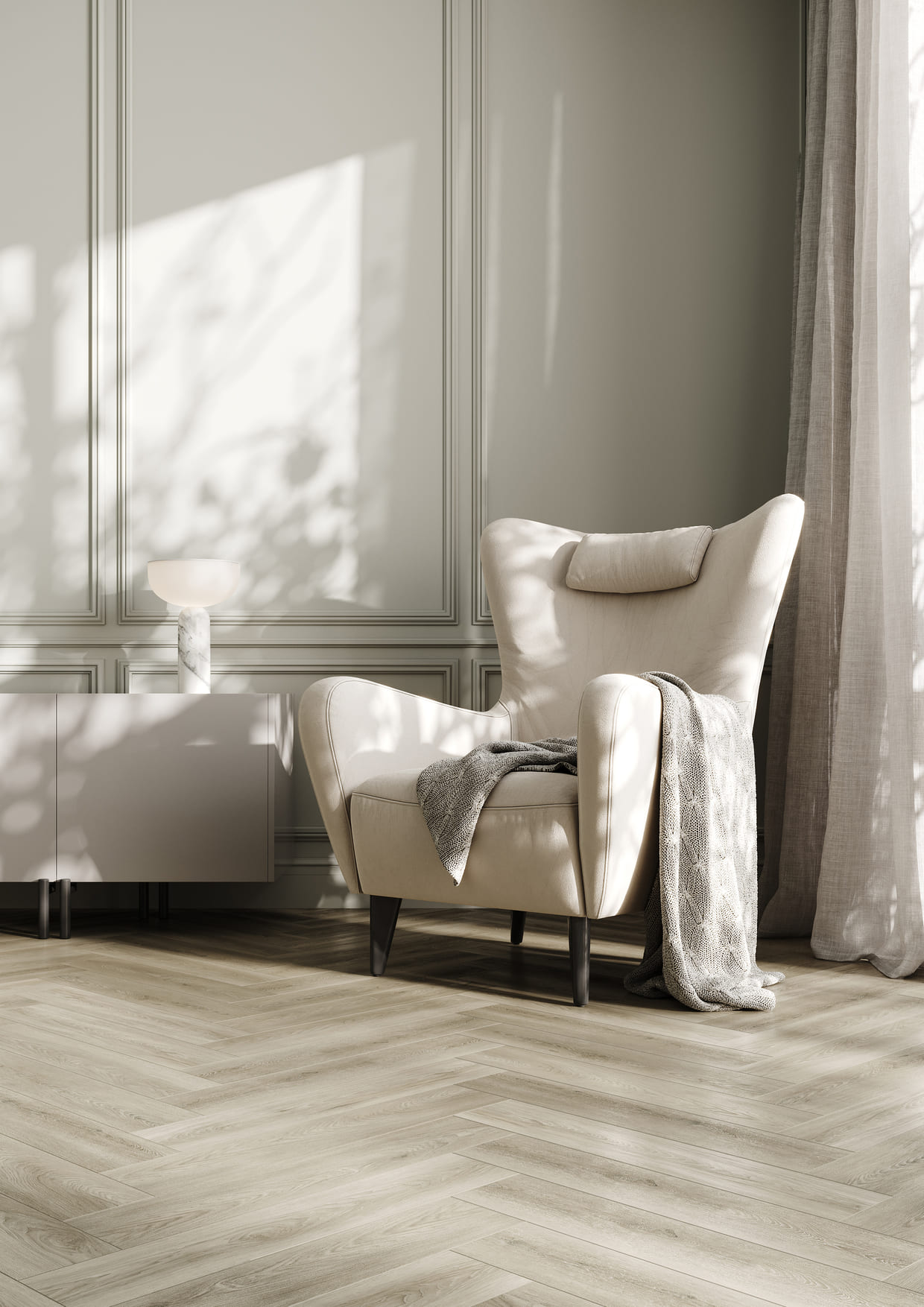 Кварцвиниловый SPC ламинат Fargo Bevel Parquet Дуб Бристоль 33-6191-36 венгерская елка 615×123×6 фото в интерьере