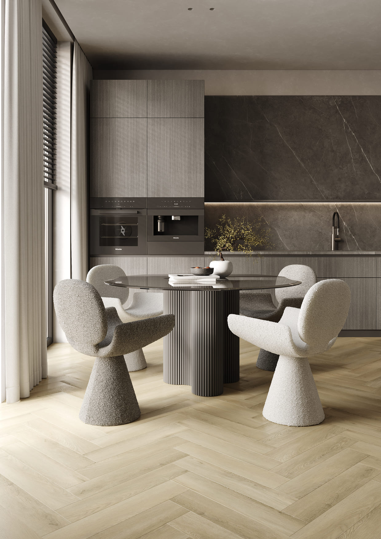 Кварцвиниловый SPC ламинат Fargo Bevel Parquet Дуб Манчестер 33-6191-3 венгерская елка 615×123×6 фото в интерьере