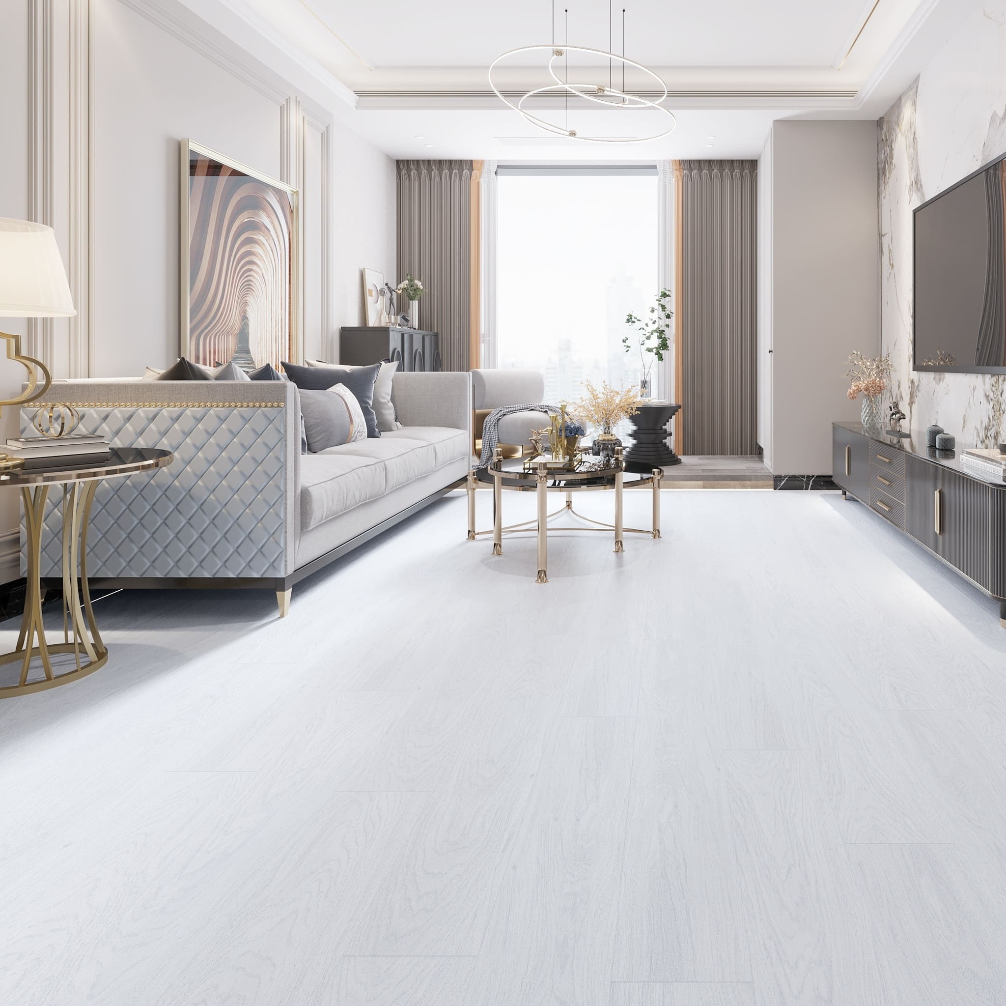 Кварцвиниловый SPC ламинат Evofloor Оптима Дуб Арктический Oak Arctic 16824 1120×184×4,2 фото в интерьере