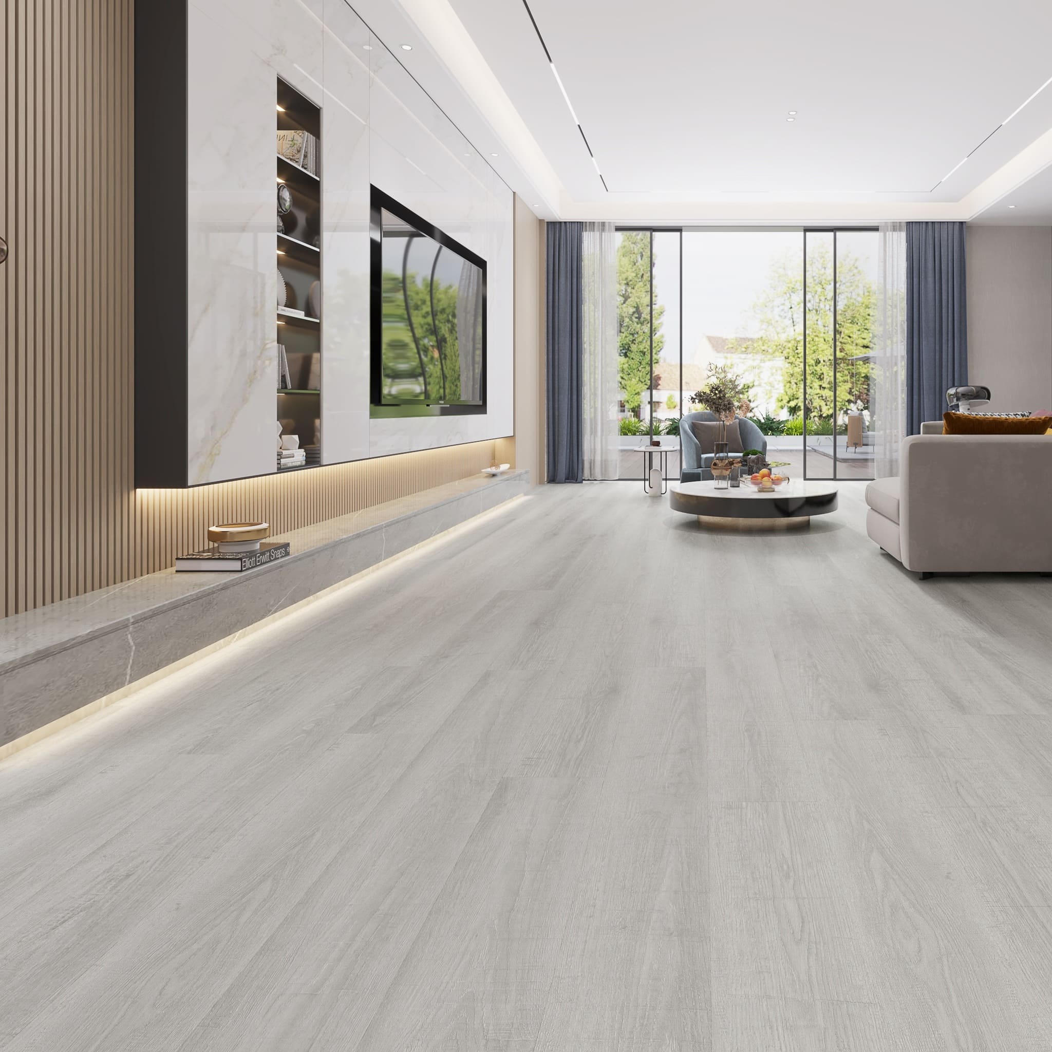 Кварцвиниловый SPC ламинат Evofloor Оптима Дуб Серебряный Oak Silver 579-5 1120×184×4,2 фото в интерьере