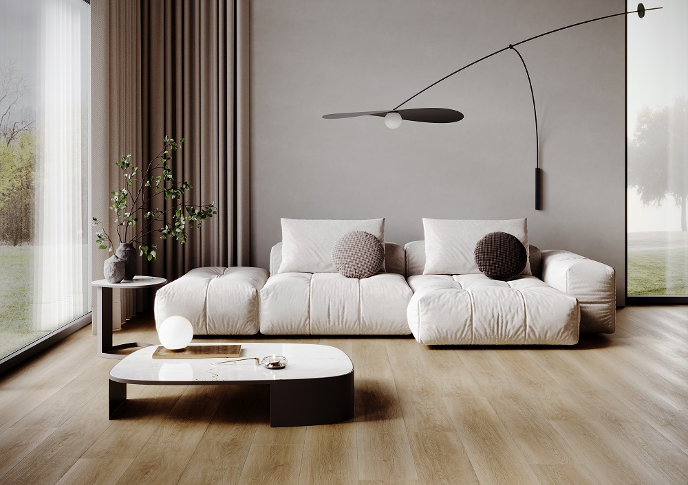 Кварцвиниловый SPC ламинат Fargo Bevel Дуб Монако 50-63W948 1520×227×6 фото в интерьере