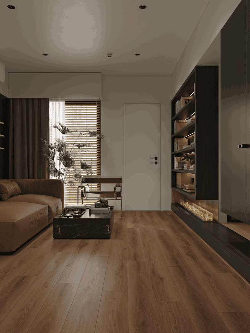 Кварцвиниловый SPC ламинат Alpine Floor Premium XL Дуб Табачный ECO 7-34 1524×180×8 фото в интерьере